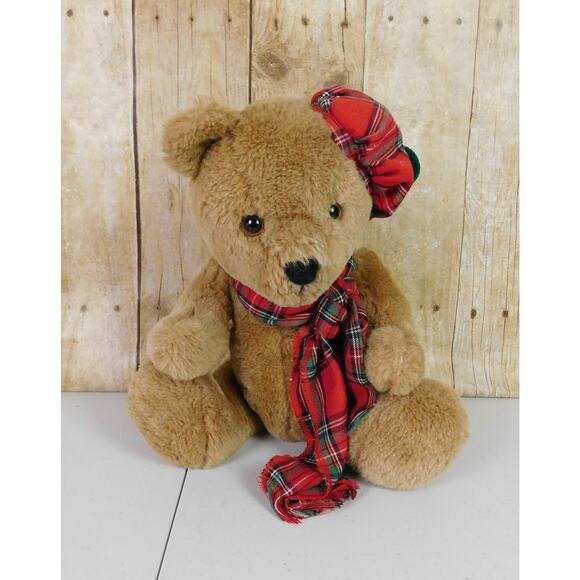 Vintage Dakin Mac Teddy Bear Scottish Plaid Hat Scarf Jointed Plush Stuff Animal - Picture 1 of 10